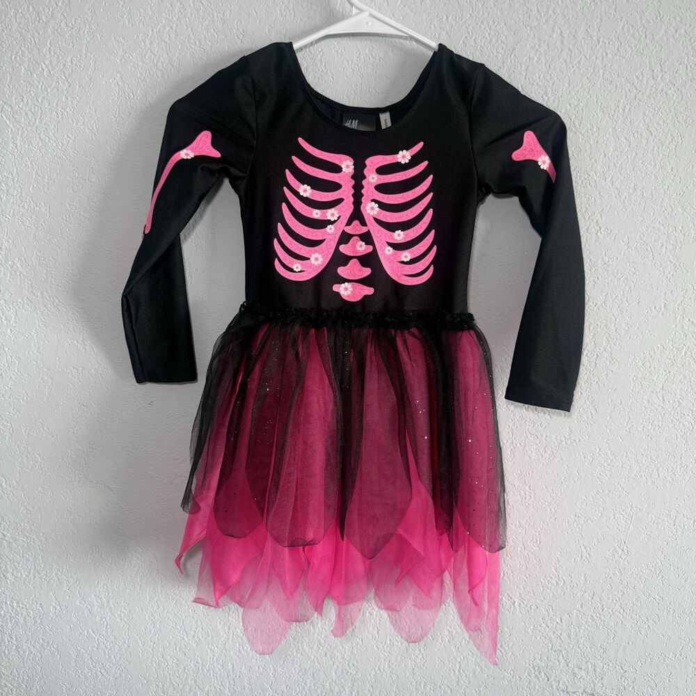 H&M Girls Halloween Skeleton Tutu Dress Size 4-6 Pink Black Long Sleeve Costume